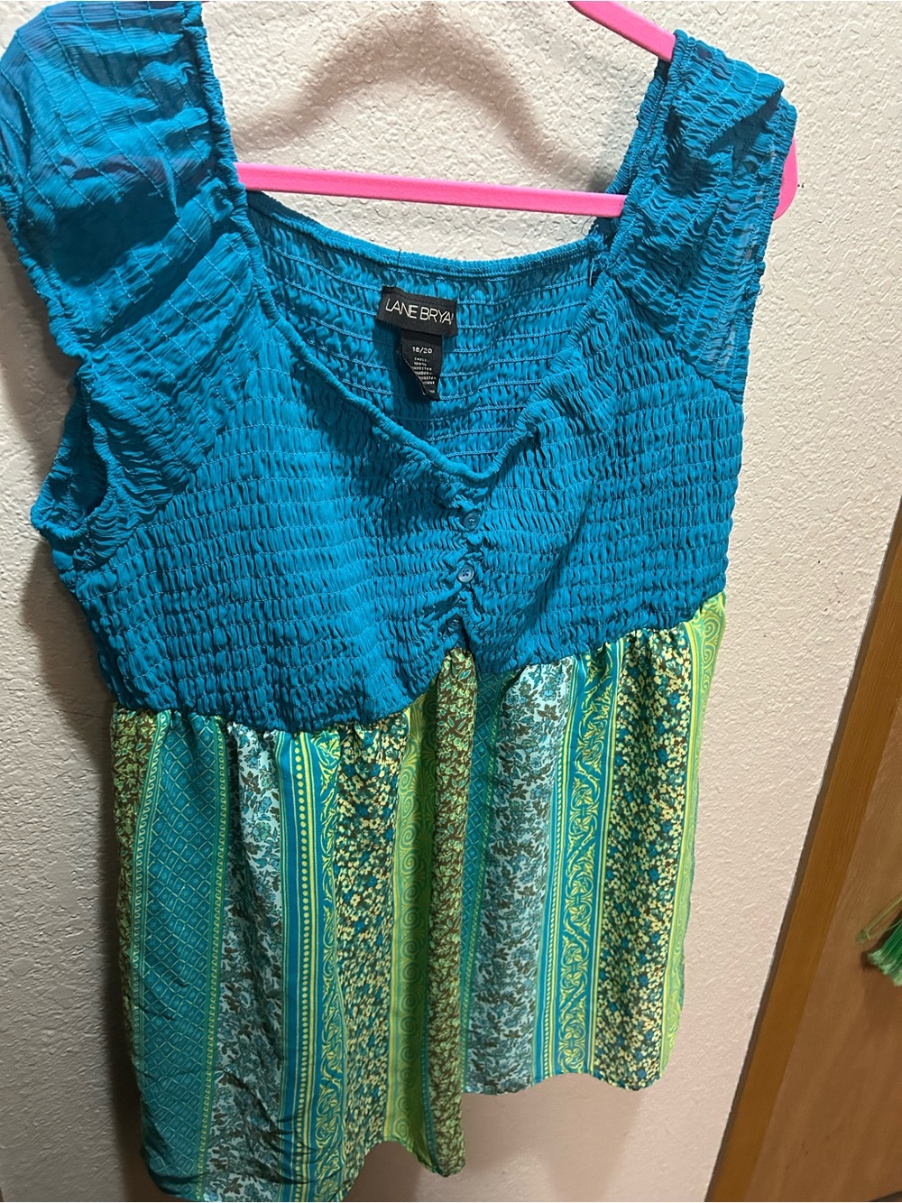 Lane Bryant Teal & Lime Smocked Cap-Sleeve Peasant Top